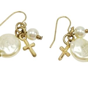 Goldtone Cross pearl Dangle Drop hook earrings